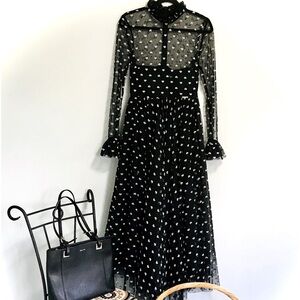Elegant Black & White Heart Dress - Green World, Sheer Bodice, Tulip Cuff NWT